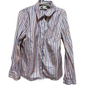 City Blues By Koret Womens Top Size M Blue Orange Striped Button Up Long Sleeves